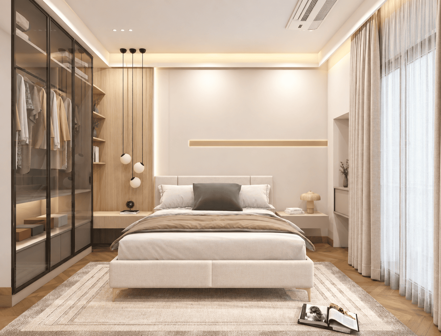 Farmhouse bedroom suite with charcoal panelled wall and rust leather headboard