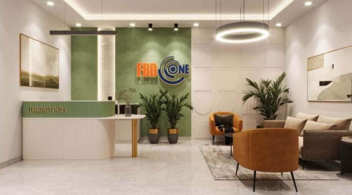FBD One open workstation floor with colourful pendant lighting and storage units