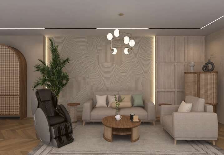Lounge seating with a rattan feature wall and statement chandelier