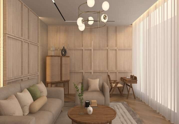Sheer-curtained lounge corner with wood panelled wall