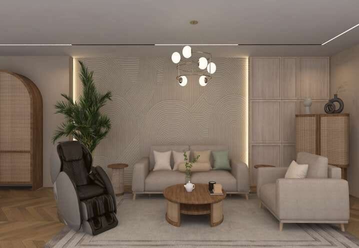 Lounge seating with massage chair and rattan cabinetry