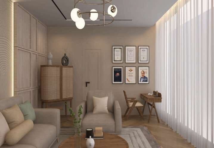 Reading corner with gallery wall and rattan cabinetry