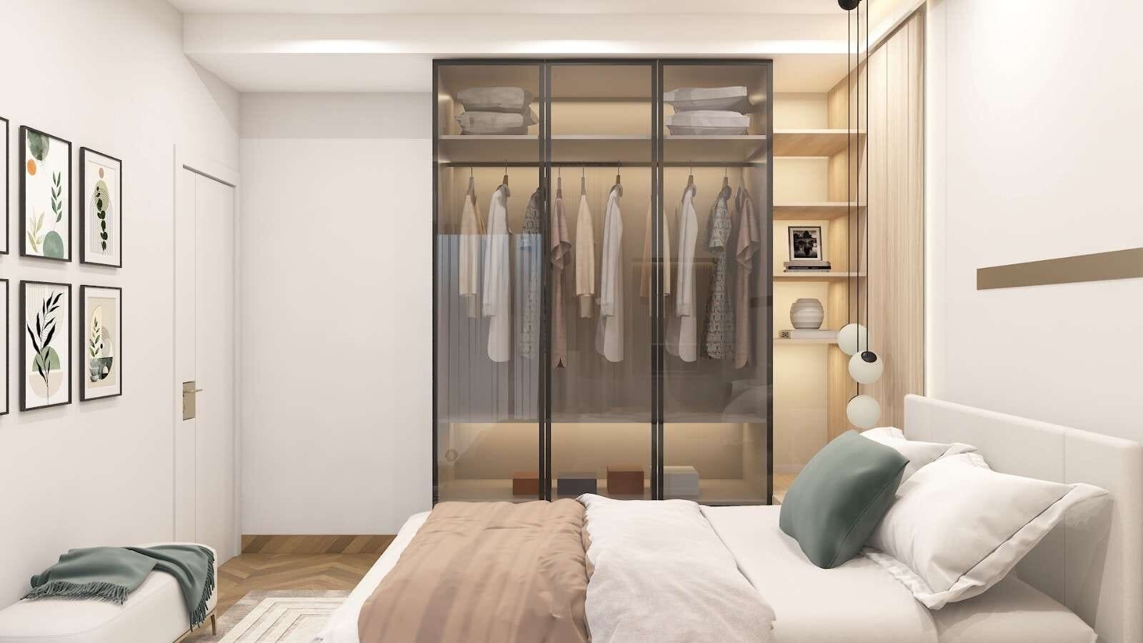 Bedroom with warm bedding and a walk-in wardrobe visible beyond