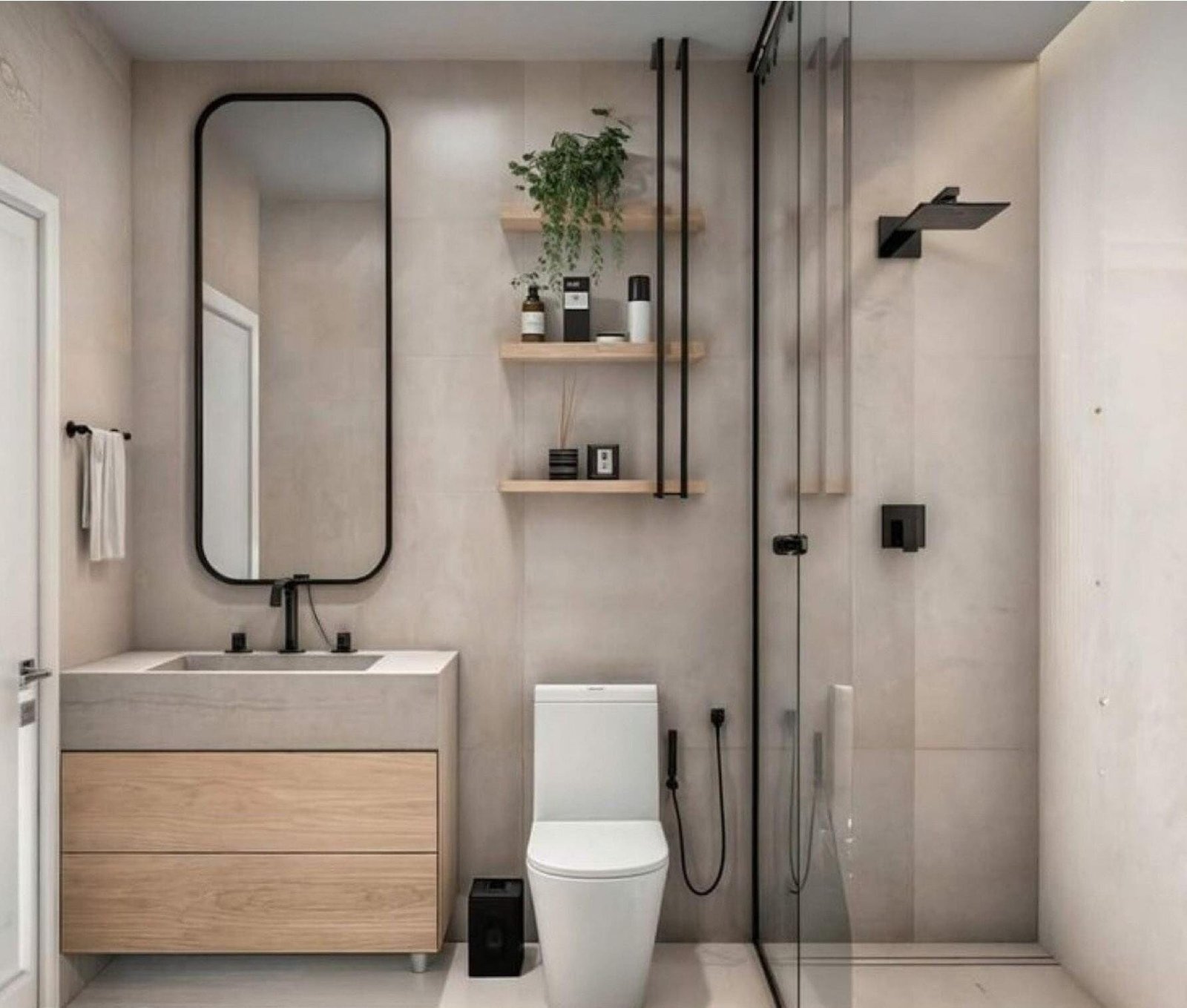 En-suite bathroom with walk-in glass shower and wood vanity