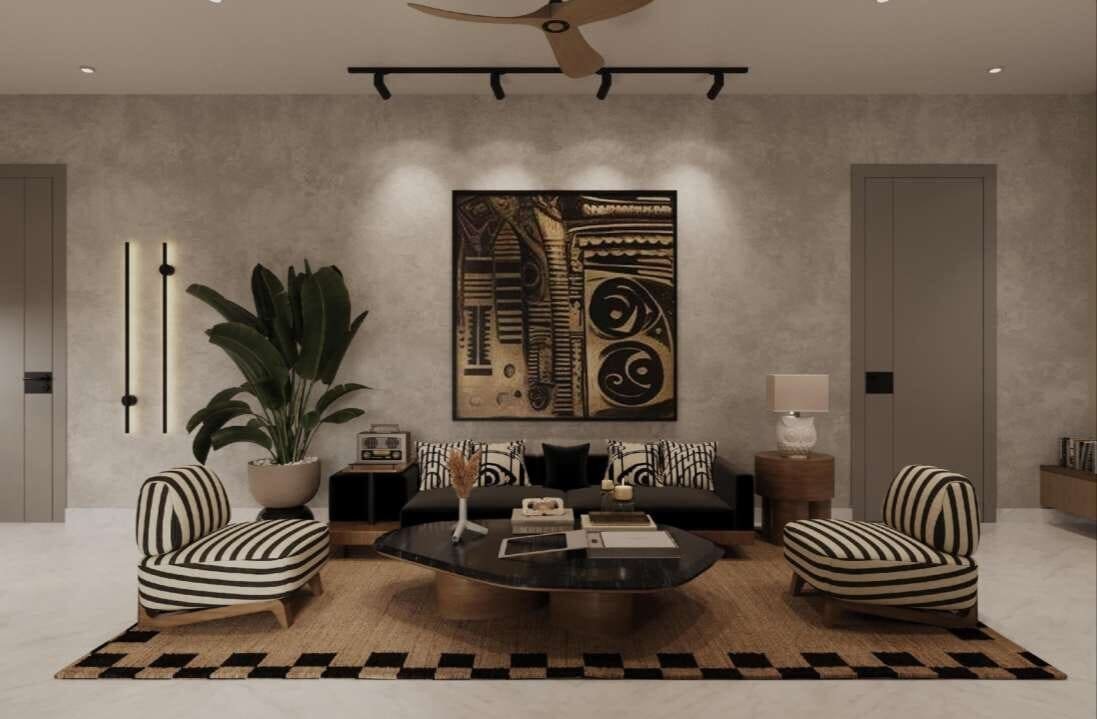 Living room, alternate view with wall art and round coffee table