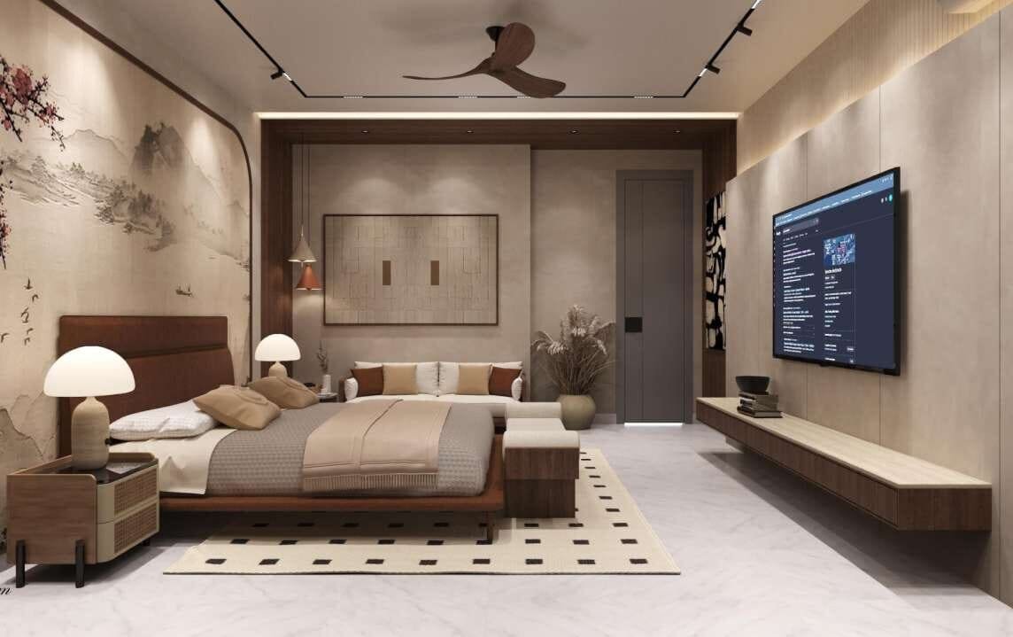 Bedroom with wood-panelled bed, wall art and television console