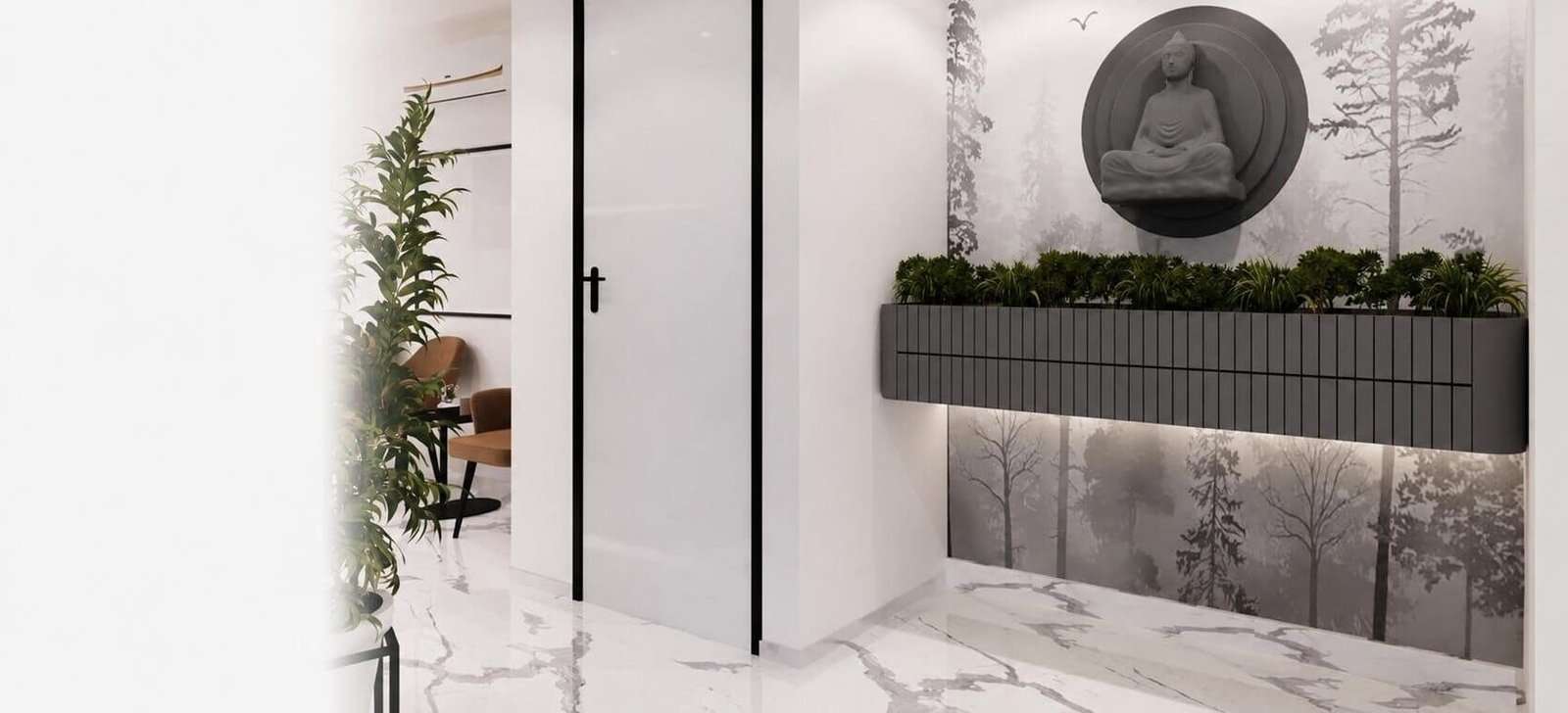 Marble entrance corridor with sculpted Buddha wall panel and planter box