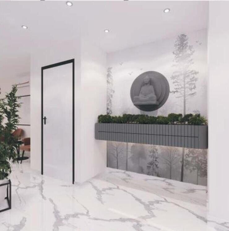 Entrance detail with forest-motif wallpaper and sculpted planter box
