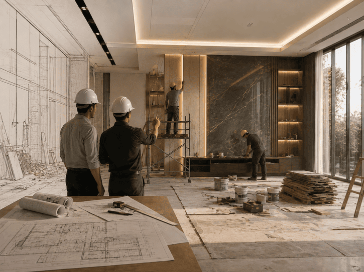 Glass-fronted conference room with marble table, representing Verve Spaces' project execution work