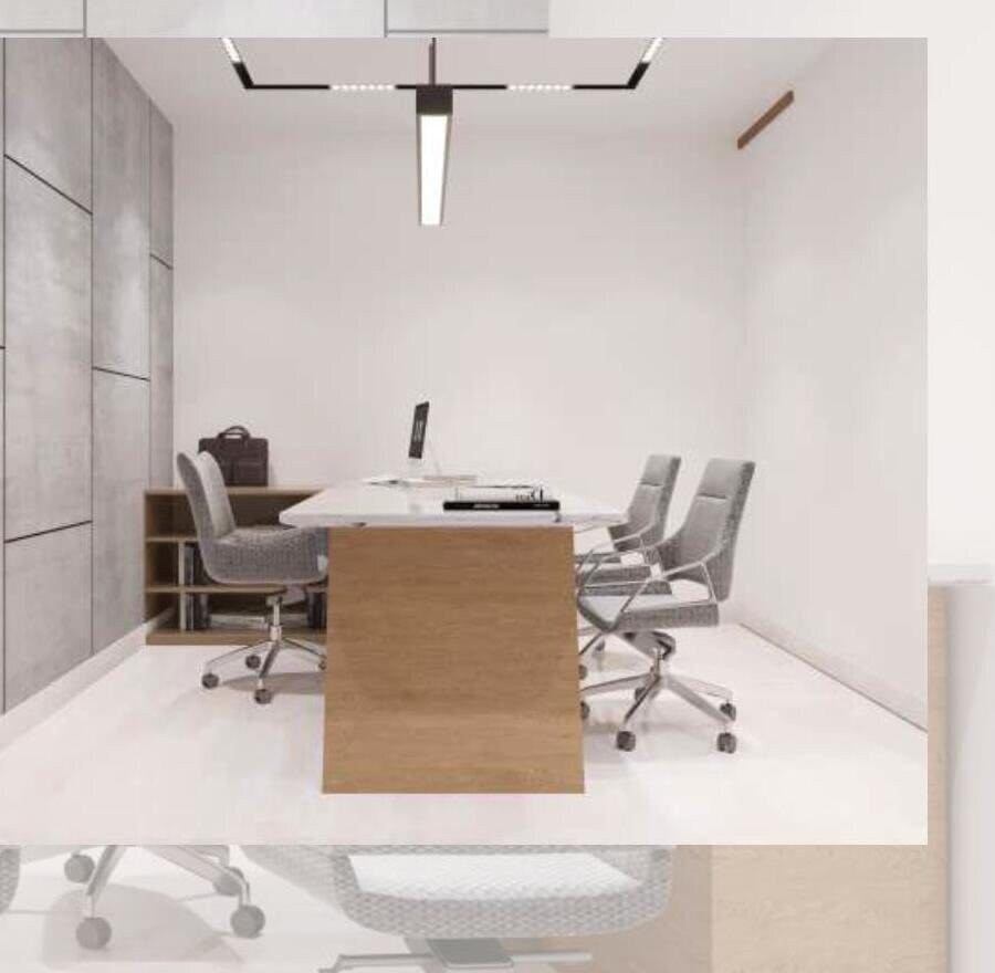 Executive cabin with textured feature wall and glass partition