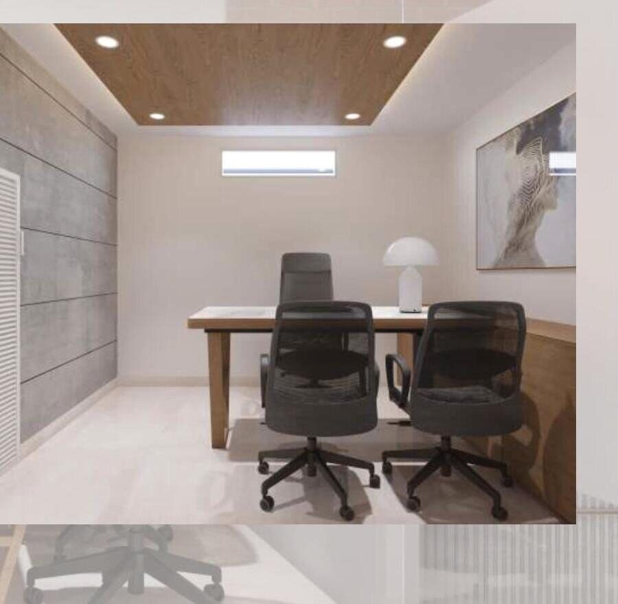 Executive cabin with wood ceiling and framed artwork