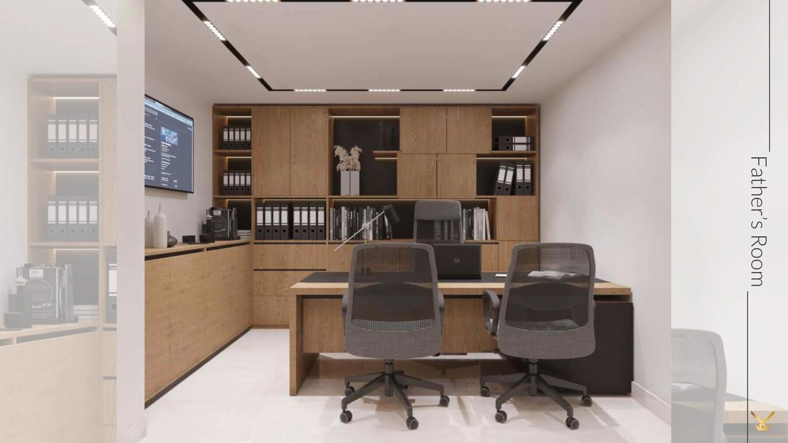 Private office with full-height wood joinery and built-in shelving
