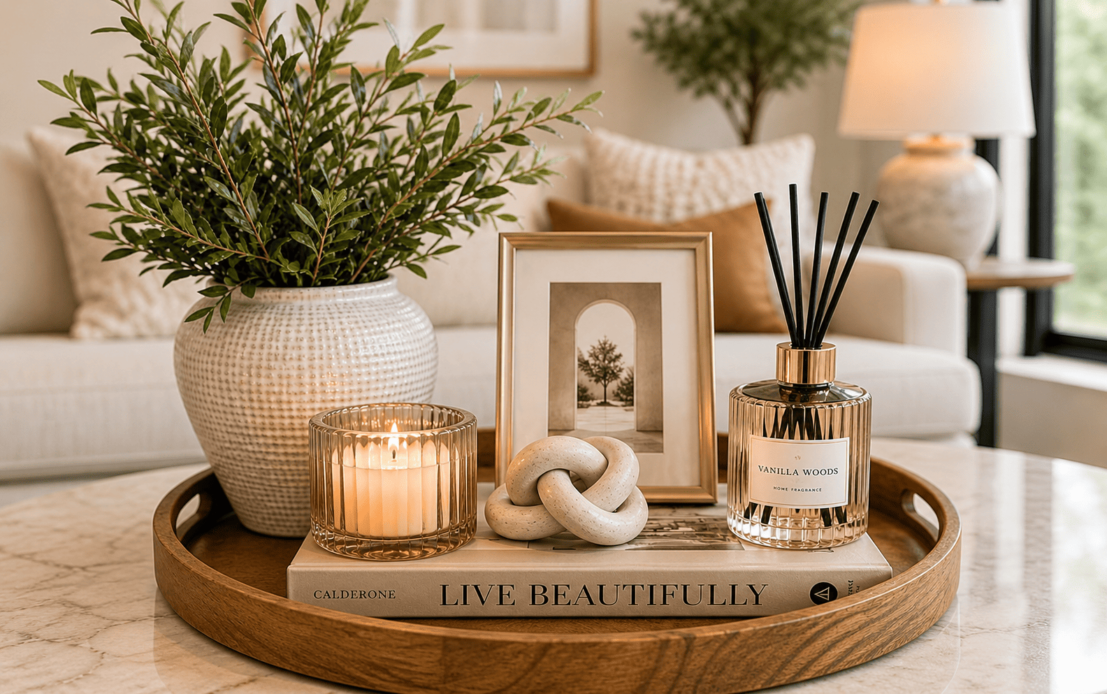 Styled reception desk detail with brass trim and curated objects, Verve Spaces studio